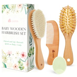 Lictin Baby Hair Brush and Comb Set, 4 Pcs Newborn Hair Brush with Soft Bristle, Natural Goat Hair and Wood Baby Cradle Cap Comb for Newborns & Toddlers, Newborn Baby Essentials, Perfect Registry Gift