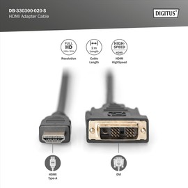 Digitus 2 m, HDMI/DVI-D 2 m HDMI DVI-D Black – Adapters Video Cable (HDMI/DVI-D, HDMI, DVI-D, Male, Male, Nickel, Black)