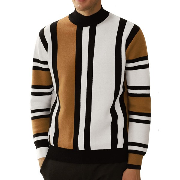 Mens Mockneck Pullover Sweater Fashion Striped Vintage Jumper Sweater for Winter Camel