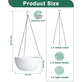 vensovo 12 Inch Large Hanging Planters for Outdoor Plants - 2 Pcs Plastic Hang Planter Flower Pot Baskets with Drainage Holes and Chain, Plant Pots for Home Garden Decor, White