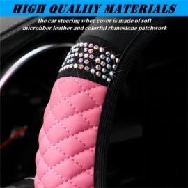YSFKJ Funda de piel suave para volante de automóvil, universal, de 15 pulgadas, diamantes de imitación coloridos, antideslizantes, elásticas, para la mayoría de los autos, diamantes de vidrio brillantes para mujeres y niñas (rosa)
