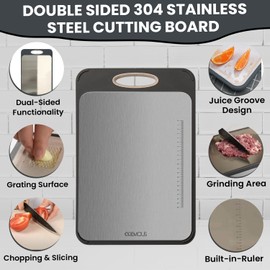 Double-Sided 304 Stainless Steel Cutting Board Double Sided W/Wheat Straw Pp for Meat, Fruits & Vegetables — Food-Grade Kitchen Chopping Board Set W/Engraved Ruler, Knife Sharpener & 3 Silicon Bags