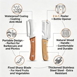 Pelador de Verduras 2 en 1 con Mango de Madera y Destapador, 2026 Pelador y Cuchillo Multifuncional de Acero Inoxidable, Para Frutas y Productos de Piel Dura (2pcs-B)