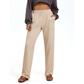 PINSPARK Women's Sports Pants High Waist Drawstring Travel Pants Light Color Casual Pants Lounge Pants Bone S