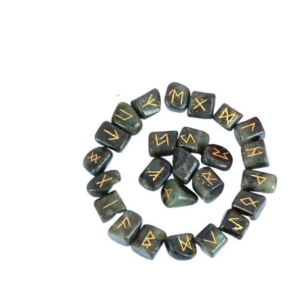 pvs traders Runes Crystal Rune Stones Set Elder futhark Viking Gemstone Reiki Healing Golden Engraved Runic Alphabets (Labradorite)