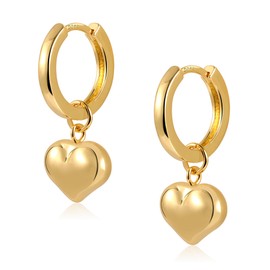 Gold Heart Drop Earrings for Women, ASH'S CHOICE 14k Real Gold Hoop Earrings with Heart Drop Hanging Dangle Earrings, Small 925 Sterling Silver Gold Cartilage Huggie Hoop Heart Drop Earring for Women