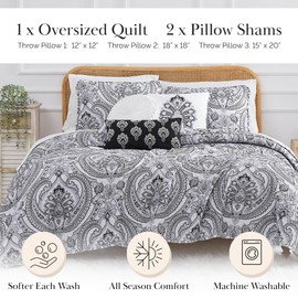 Southshore Fine Living, Inc. Oversized 6-Piece Quilt Queen Bed in a Bag Set Lightweight Fabric Soft with one Quilt Bedspread, Two Matching Shams and Three Throw Pillows, Full/Queen, Pure Melody Black
