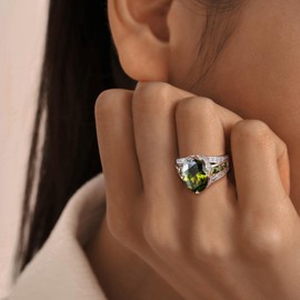 Men Silver Signet Ring with Gemstone 925 Sterling Silver Thick Band Engagement Wedding Cocktail Rings August Birthday Gift 11.58 Cttw Peridot Ring, Size 8