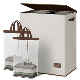 SOLEDI Luxury Double Laundry Hamper with Lid and Removable Bags, Large Hamper for Laundry, Laundry Basket 2 Sections, Collapsible Ditry Clothes Hamper for Bedroom, Laundry Room, Bathroom, Off-white