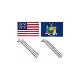 AES 3x5 3'x5' USA American w/State of New York Flag w/Two 6' Galvanized Flagpole Pole Kits Eagle Topper