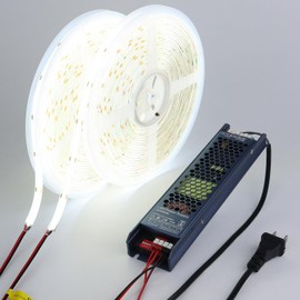 BENLUN 24V COB LED Strip Light Outdoor Waterproof 65.6ft (2 Rolls of 32.8ft), 6000K Cool White 11W/M 312LEDs/M CRI 93 LED Tape Light with Power Supply for Bedroom Courtyard Living Room Ceiling