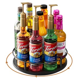 Nuovoware 9 Bottles Rotating Coffee Syrup Rack, Syrup Rack Organizer Carbon Steel Frame with Wooden Base Bottle Holder for Coffee Flavored Syrups Table Top Thermos Liquor, Black+Black