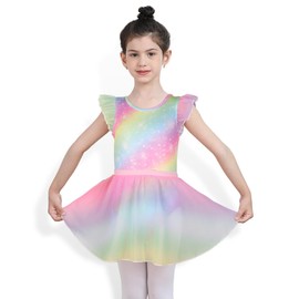 Ballet Leotards for Girls Dance Leotard with Colorful Chiffon Skirt and Ruffle Sleeve Size 10-11 Rainbow and Stars