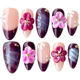 Handmade Press On Nails, 3D Floral Design, Medium Almond Shape, Pink Purple Ombre with Flower Accents, Reusable Acrylic False Nails (Grape, L)