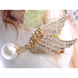 Alilang Gold Tone Crystal Rhinestone Flying Angel Wings with Dangling Faux Pearl Pin Brooch