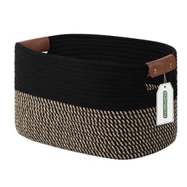 ECDYQXVU - Cesta de cuerda de algodón, cestas de almacenamiento con asa, cesta tejida de 15 x 10 x 9 pulgadas para estantes, lavandería, toallas, ropa, libros, juguetes (color negro café, 1 unidad)