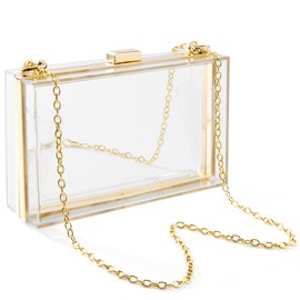 Clear Purse Bag Concert Approved Acrylic Crossbody Box Clutch for Women,Transparent Shoulder Handbag for Party, School Prom, Work, Sporting Events, Fest & Stadium with Removable Gold Chain Strap