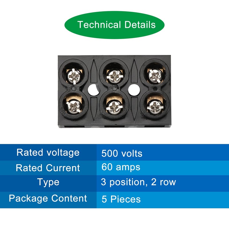 MECCANIXITY Terminal Block 500V 60A Dual Row 3 Positions Screw