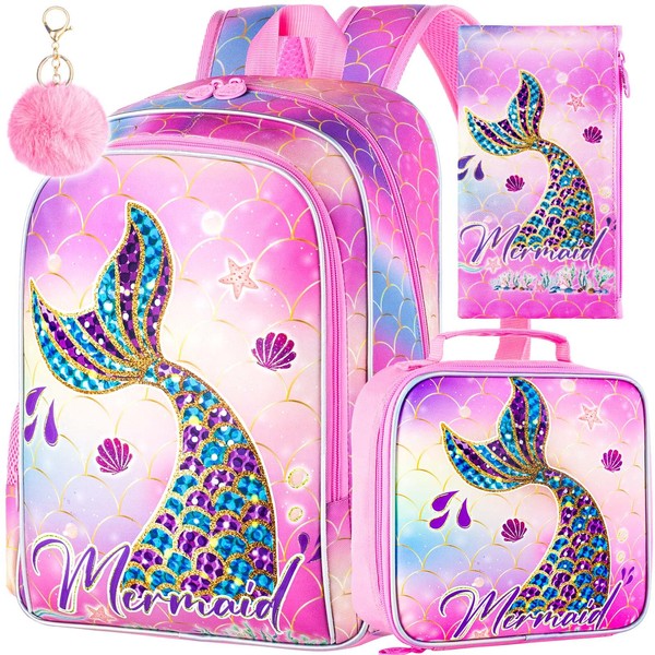 TXHVO 16" Mermaid Backpack for Girls, 3Pcs School Bookbag with