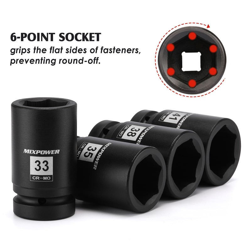 MIXPOWER 8PCS 1"Drive Impact Socket Set - 17mm, 21mm, 13/16"