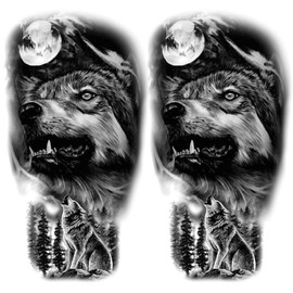 Oottati 2 Sheets Waterproof Fake Forest Wolf Arm Leg Temporary Tattoo