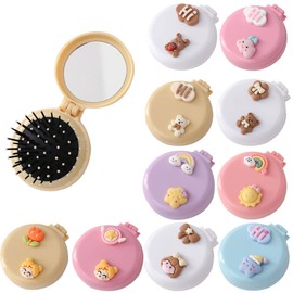 Likeggoad Travel Hair Brush,6 Pcs Pocket Comb with Mini Mirror,Round Folding Pocket Hair Brush Cartoon Shell Folding Hair Brushes for Girls Women(Random Color)