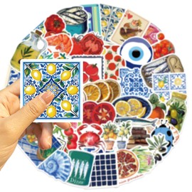 50Pcs Mediterranean Food Stickers, Cartoon Mediterranean Tomato Food Vinyl Decals for Decor Laptops, WLJIAO Aesthetic Cute Lemon Labels Sticker for Kids Teens Girls DIY Scrapbook Guitar