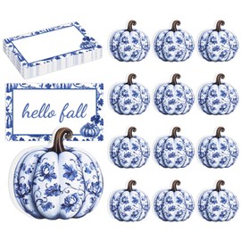 FYSUIMU Fall 12 Pcs Wooden Place Card Holders with Name Cards Blue and White Porcelain Pumpkin Table Number Holder Display Stand for Thanksgiving Autumn Party Table Setting Supplies