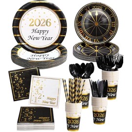 128PCS New Year Plates and Napkins Party Supplies - 2026 - Serves 16 Guests - Happy New Year Eve Plates, Napkins, Cups, Cutlery, Straws NY Party Decorations Favors