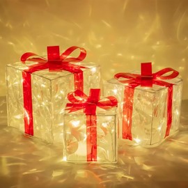 Set of 3 LED Lighted Boxes with Red Bows, Warm White Battery-Operated Holiday Decor for Home, Yard, and Tree