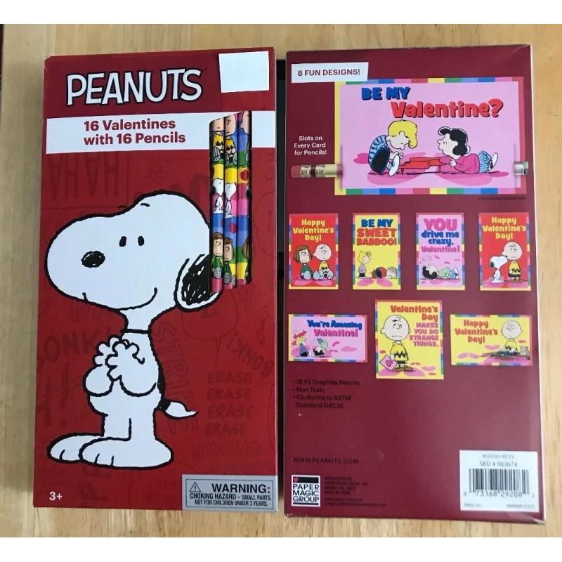 16 Peanuts/Snoopy Valentines with 16 Pencils - New in Box!
