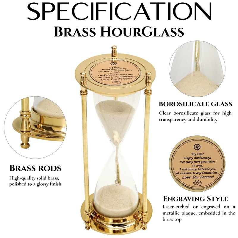 Brass Hourglass with Inspirational Quote Happy abbiversary Timeless Sand Timer