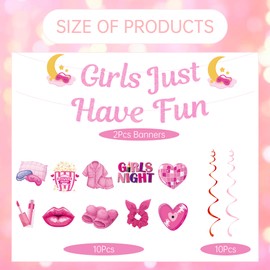 Slumber Party Girls Sleepover Supplies - 12 Pcs Pink Birthday Banner Hanging Swirls Sleepover For Women Girls Just Have Fun Spa Night Pamper Pajama Bachelorette Theme Birthday Party Decorations