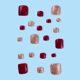 Red Press on Toenails Short Square Fake ToenailsPink Glitter Design False Toenails Summer Shiny Acrylic Toenails Full Cover Artificial Toenails for Women Girls Manicure Decoration 24Pcs