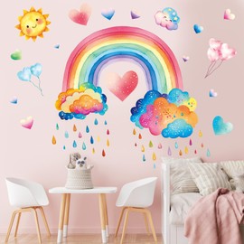 SHUCHING Rainbow Wall Sticker Peel and Stick, Colorful Raindrops Cloud Sun Wall Decal, Removable Vinyl Wall Decor Art Home Decoration for Living Room Bedroom Nursery Playroom