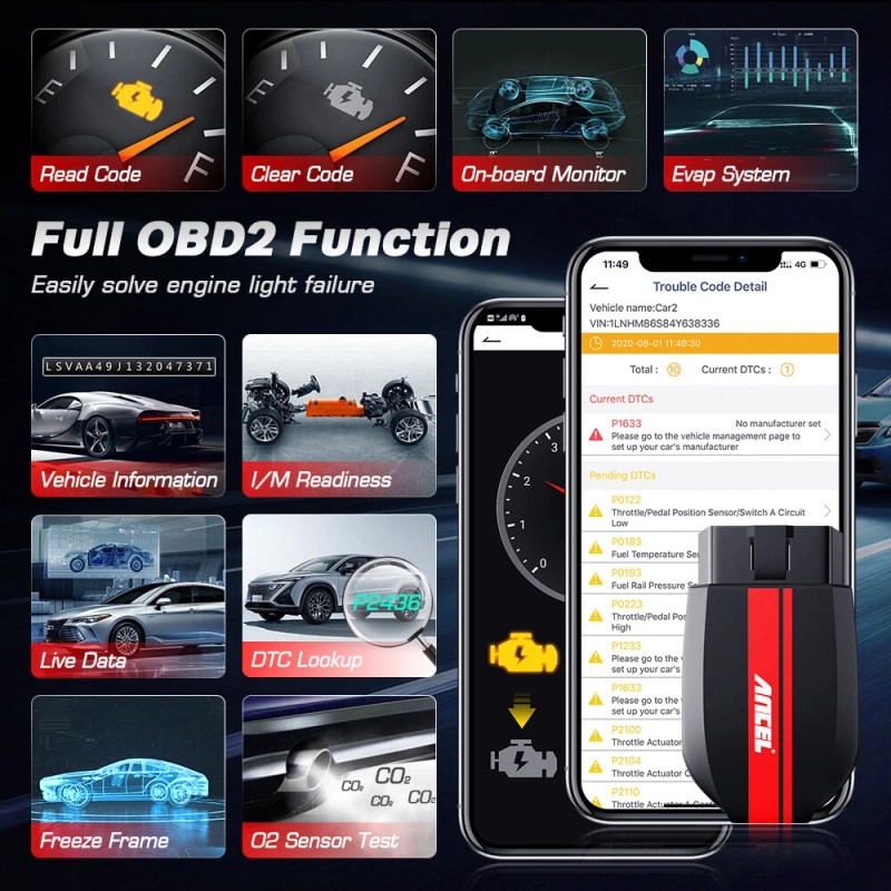 ANCEL Car OBD2 Scanner Code Reader Check Engine Fault Bluetooth