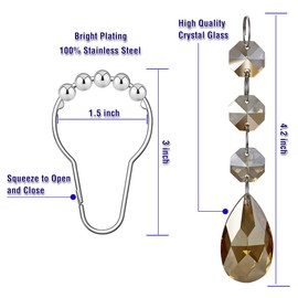 Yapicoco Shower Curtain Hooks Rings for Bathroom, 12PCS Gemstone Crystal Bead Water Drop Stainless Steel Rust Resistant Clear Shower Curtain Rings (Brown)