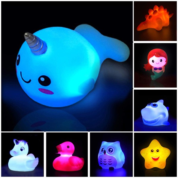Jomyfant Bath Toys (8 Packs Rubber Animals Toys) Light Up Floating Rubber Toys Flashing Color Changing Light in Water Bathtub Shower Games Toys for Baby Kids Toddler Child