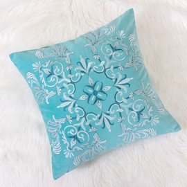 Homey COZY Embroidery Turquoise Velvet Throw Pillow Cover,Ocean Series Blossom Floral Bright Spring Nautical Decorative Pillow Case Coastal Beach Theme Home Decor 20x20,Cover Only