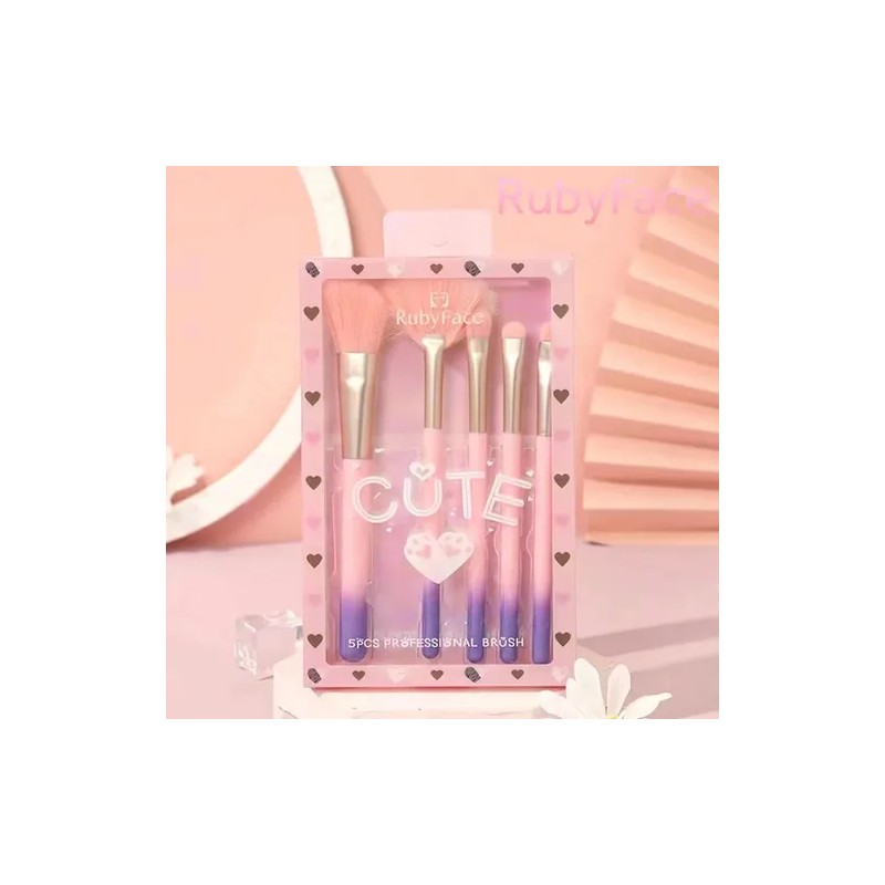 Set De Brochas Maquillaje Rubyface 5 Pzas Cute Color Rosa