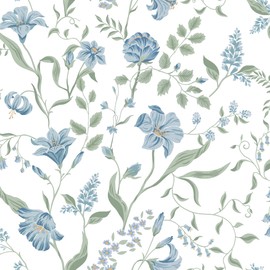 Guvana Peel and Stick Wallpaper Floral Wall Paper Blue Flower Contact Paper Removable Self Adhesive Wallpaper for Bathroom Livingroom Accent Walls Cabinets Decor Waterproof Vinyl Roll 17.3"×197"