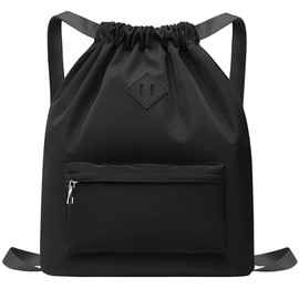 Drawstring Gym Backpack String Bag - Waterproof Nylon Large Sackpack Workout Beach Cinch Sack for Women Man Kids (black)