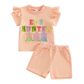 wybzd Toddler Baby Boy Girl Easter Outfits Egg Hunter Star Bunny T-shirt Summer Shorts Set Little Kids Matching Easter Outfit (Champagne Hunter, 0-6 Months)