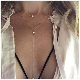 Andelaisi Boho Layered Crystal Y Lariat Necklace Long Rhinestone Y Necklace Vintage Cz Y Drop Necklace Chain Gold Crystal Pendant Necklace Jewelry for Women