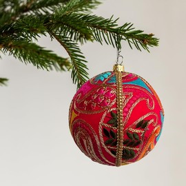 Aditi 10cm Hot Pink Bauble with Paisley Pattern & Bright Embroidery | Handcrafted Ornament | Luxury Holiday Décor | Sustainable Gift for Festive Celebrations