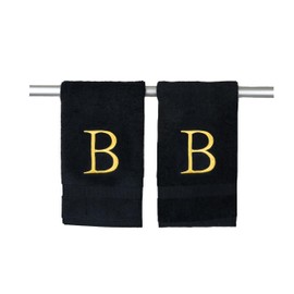 Decorvo Black and Gold Bathroom Hand Towel - Monogrammed Luxury Hotel Quality Decorative Embroidered Towel for Powder Room, Spa - GOTS Organic Certified - Pack of 2, Letter B