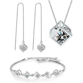 Ladies Matching Jewellery Set - Necklace Pendant Earrings Bracelet for Women - 925 Silver Plate & Cubic Ziron Cystal - With Gift Box (Silver Box Cubic Zircon Set)