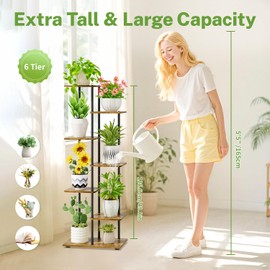 iDavosic.ly 6 Tier Tall Plant Stand Indoor, Tiered Corner Metal Wood Multiple Flower Holder Shelf, 50 Inch Orchid Display Rack for Patio Porch Living Room Balcony Outdoor, Modern Black & Rustic Brown