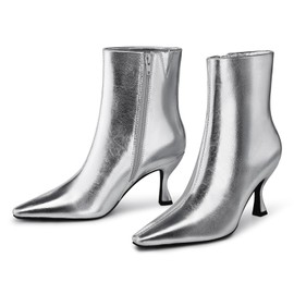 CELLENZ Womens Kitten Heel Boots : Ankle Pointed Toe Boots - Fall Sparkly Short Boot - Silver Side Zipper Dress Booties Party Night Size 6