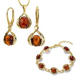 Copal Women's Jewellery Set with Amber Pendant Silver Gold-Plated Earrings Bracelet, 925 silver, amber, Amber, amber jewellery set